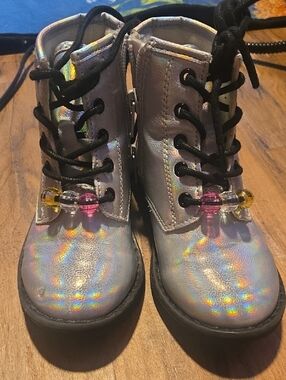 The Children's Place Holographic Silver Lace-Up Kids Boots with Bead Accents